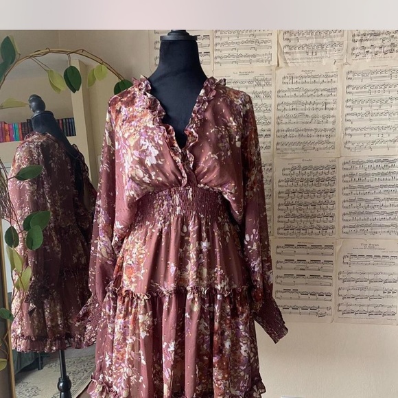 Fall floral dress mauve open back ruched lovestich medium - Picture 2 of 4